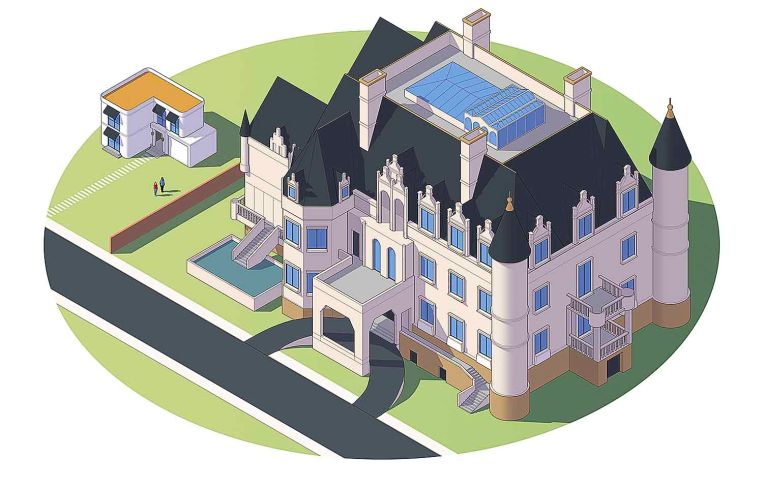 Illustration of a giant castle next to a smaller house.