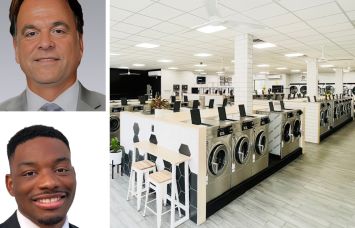 Joshua Kleinberg and Daniel Mundle of Colliers, and the interior of a Laundrybee laundromat.