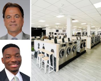 Joshua Kleinberg and Daniel Mundle of Colliers, and the interior of a Laundrybee laundromat.