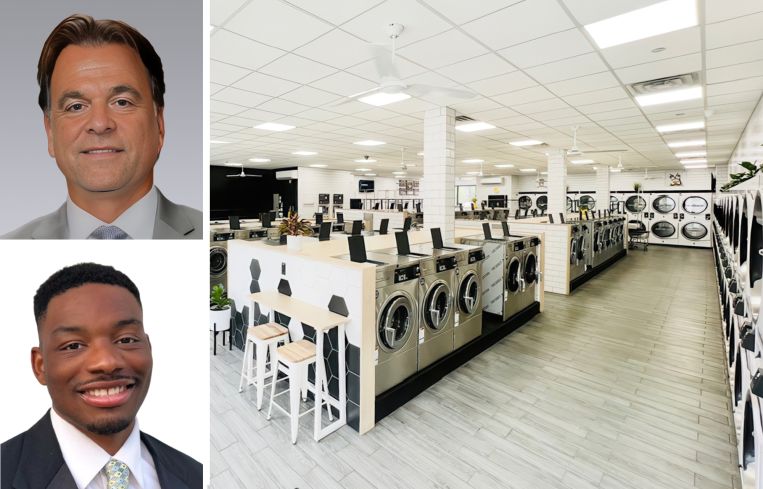 Joshua Kleinberg and Daniel Mundle of Colliers, and the interior of a Laundrybee laundromat.