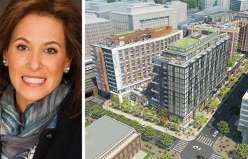 Deborah Harmon, Artemis founder and co-CEO, and a rendering of Central Armature Works, Washington, D.C.