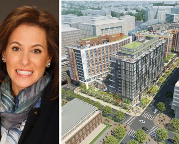 Deborah Harmon, Artemis founder and co-CEO, and a rendering of Central Armature Works, Washington, D.C.
