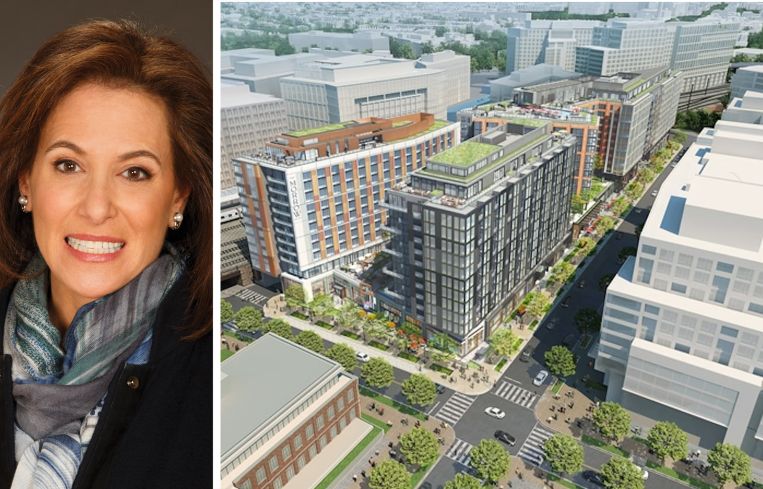 Deborah Harmon, Artemis founder and co-CEO, and a rendering of Central Armature Works, Washington, D.C.