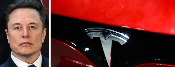 Elon Musk and the Tesla logo on a car.