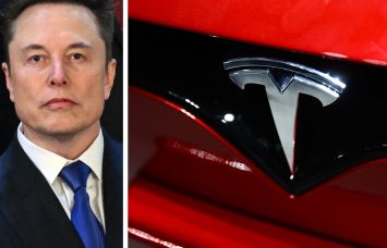 Elon Musk and the Tesla logo on a car.