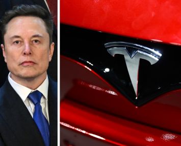 Elon Musk and the Tesla logo on a car.