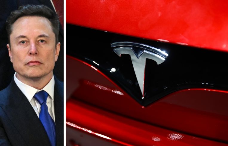 Elon Musk and the Tesla logo on a car.