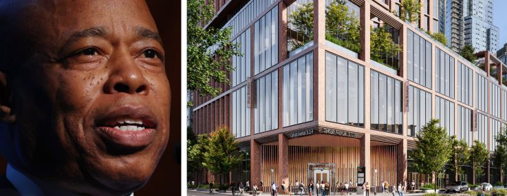 Mayor Eric Adams and a rendering of the proposed apartment tower at 395 Flatbush Avenue Extension, Brooklyn.