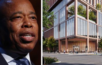 Mayor Eric Adams and a rendering of the proposed apartment tower at 395 Flatbush Avenue Extension, Brooklyn.