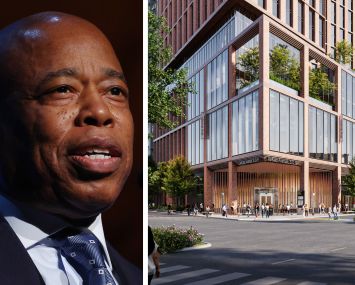 Mayor Eric Adams and a rendering of the proposed apartment tower at 395 Flatbush Avenue Extension, Brooklyn.