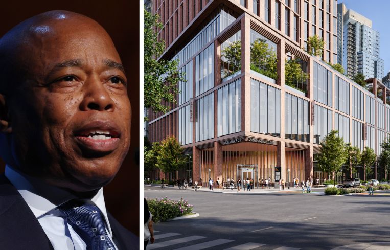 Mayor Eric Adams and a rendering of the proposed apartment tower at 395 Flatbush Avenue Extension, Brooklyn.