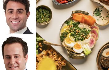 Newmark's Gabriel Staab and Ross Berkowitz, and plates of Mediterranean food from Motek.