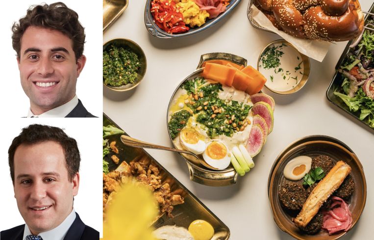 Newmark's Gabriel Staab and Ross Berkowitz, and plates of Mediterranean food from Motek.