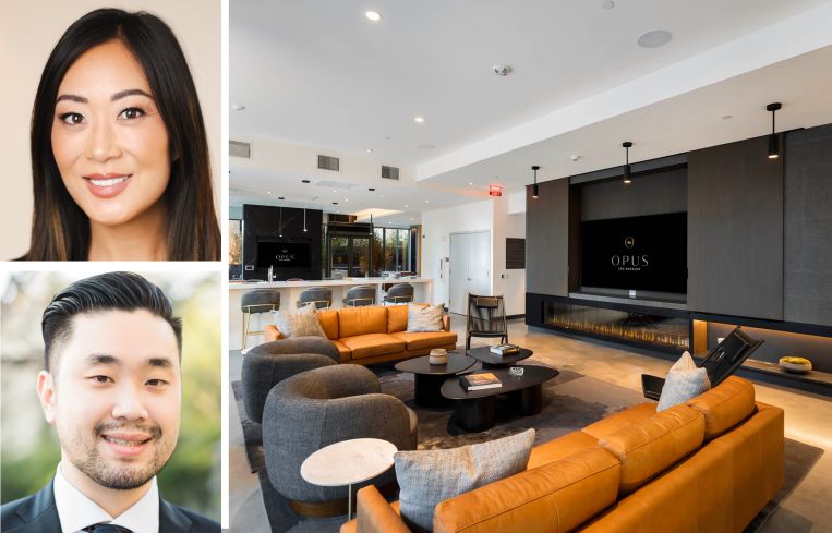 Jamison Properties' Jaime Lee and Garrett Lee, and inside Opus at 3545 Wilshire Boulevard.
