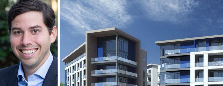 Peachtree Group's Jared Schlosser and a rendering of The Ledges in Camas, Wash.