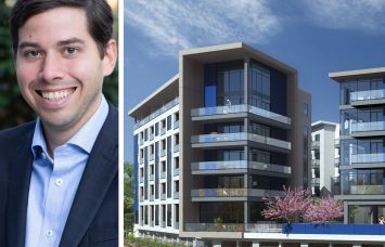 Peachtree Group's Jared Schlosser and a rendering of The Ledges in Camas, Wash.