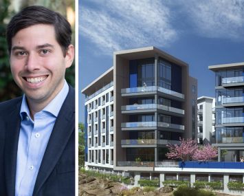 Peachtree Group's Jared Schlosser and a rendering of The Ledges in Camas, Wash.