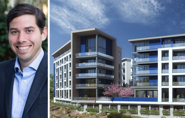 Peachtree Group's Jared Schlosser and a rendering of The Ledges in Camas, Wash.