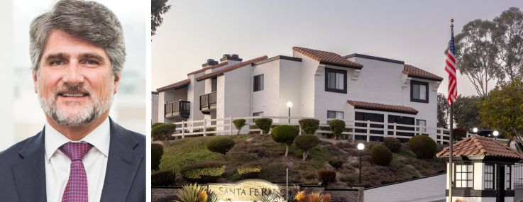 Bridge Investment Group CEO Jonathan Slager and an entrance to Santa Fe Ranch Apartments in Carlsbad, Calif.