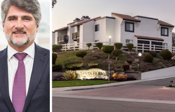 Bridge Investment Group CEO Jonathan Slager and an entrance to Santa Fe Ranch Apartments in Carlsbad, Calif.
