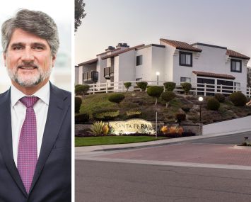 Bridge Investment Group CEO Jonathan Slager and an entrance to Santa Fe Ranch Apartments in Carlsbad, Calif.