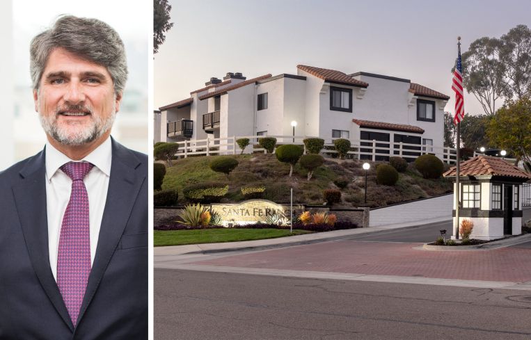 Bridge Investment Group CEO Jonathan Slager and an entrance to Santa Fe Ranch Apartments in Carlsbad, Calif.