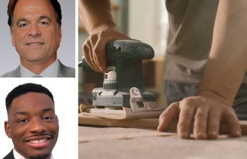 Colliers' Joshua Kleinberg and Daniel Mundle, and a person sanding a piece of wood.