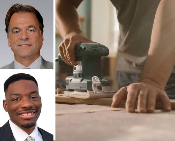 Colliers' Joshua Kleinberg and Daniel Mundle, and a person sanding a piece of wood.