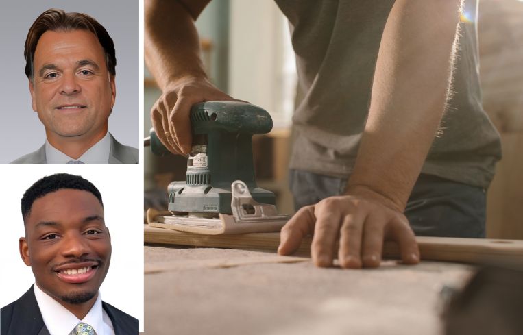 Colliers' Joshua Kleinberg and Daniel Mundle, and a person sanding a piece of wood.