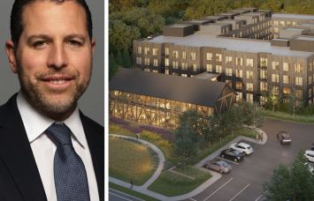 Madison Realty Capital's Josh Zegen and a rendering of a 208-unit apartment building at 131 Danbury Road in Wilton, Conn.