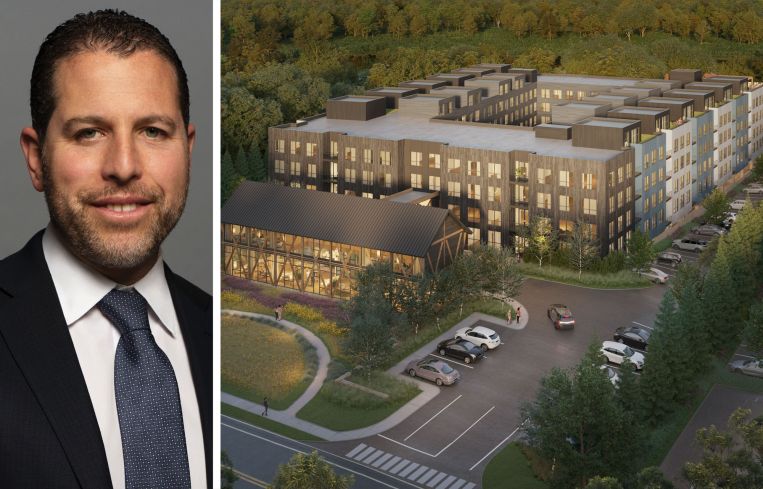 Madison Realty Capital's Josh Zegen and a rendering of a 208-unit apartment building at 131 Danbury Road in Wilton, Conn.