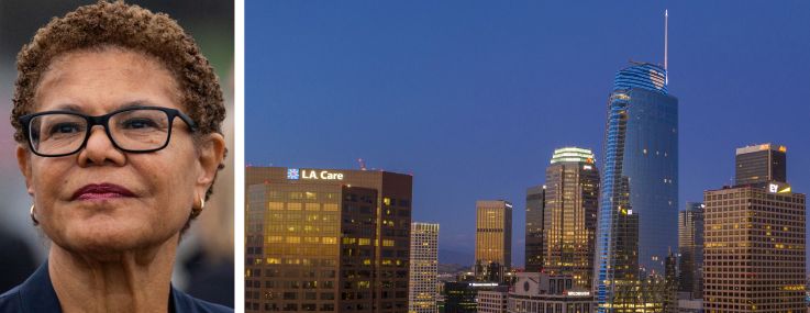 Los Angeles Mayor Karen Bass and downtown Los Angeles.