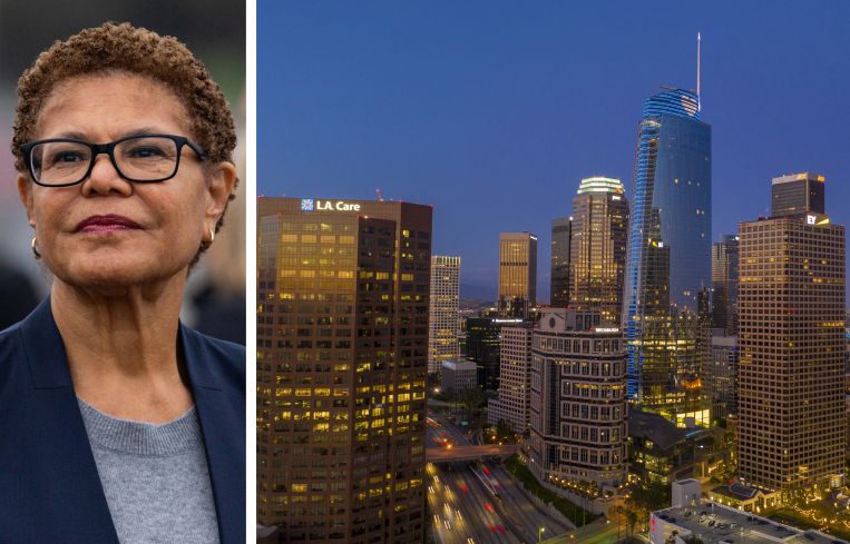 Los Angeles Mayor Karen Bass and downtown Los Angeles.