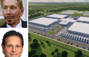 Oracle co-founder Larry Ellison, Blue Owl co-President Marc Zahr, and a rendering of the Lancium Clean Campus in Abilene, Texas.