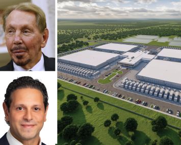 Oracle co-founder Larry Ellison, Blue Owl co-President Marc Zahr, and a rendering of the Lancium Clean Campus in Abilene, Texas.