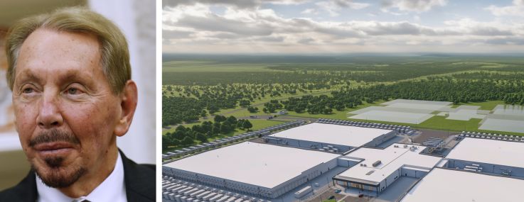 Oracle co-founder Larry Ellison, Blue Owl co-President Marc Zahr, and a rendering of the Lancium Clean Campus in Abilene, Texas.