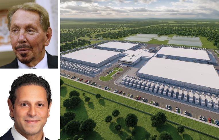 Oracle co-founder Larry Ellison, Blue Owl co-President Marc Zahr, and a rendering of the Lancium Clean Campus in Abilene, Texas.