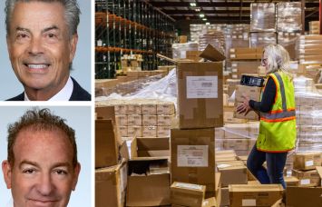 Michael Collins and David Freitag of Daum Commercial Real Estate Services, and a worker moving boxes in a warehouse.