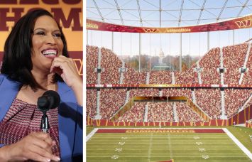 Washington, D.C. Mayor Muriel Bowser and a rendering of the Washington Commanders proposed stadium.