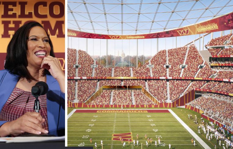 Washington, D.C. Mayor Muriel Bowser and a rendering of the Washington Commanders proposed stadium.