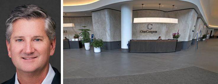 Oliver Carr III of Carr Properties and the lobby of One Congress in Boston.