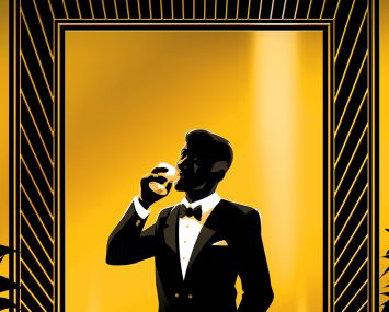 Power 100 illustration of a man drinking champagne in the style of The Great Gatsby.