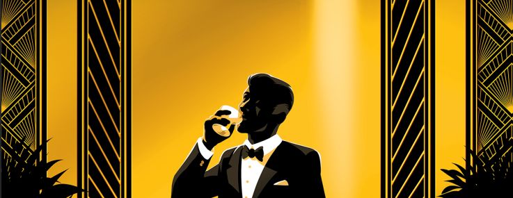 Power 100 illustration of a man drinking champagne in the style of The Great Gatsby.
