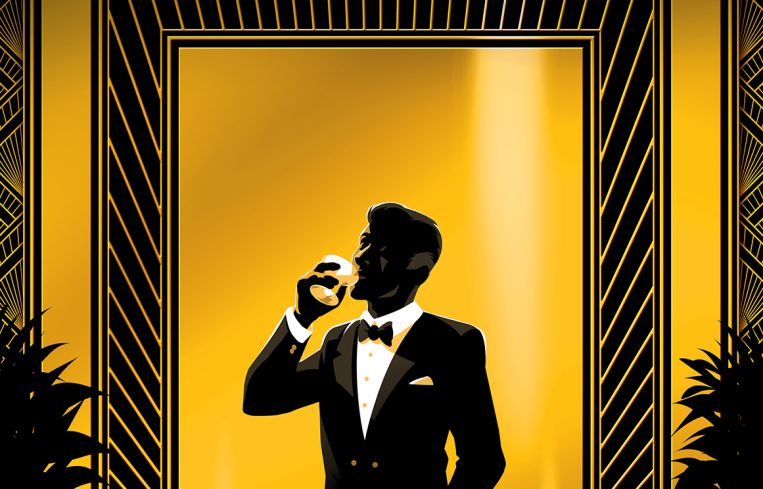 Power 100 illustration of a man drinking champagne in the style of The Great Gatsby.