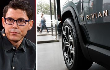 Rivian CEO RJ Scaringe and a close-up of a Rivian vehicle in a showroom.