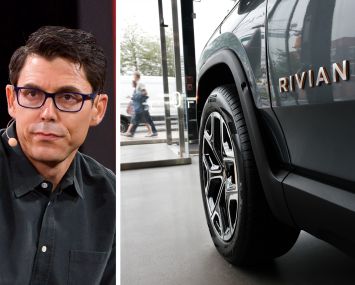 Rivian CEO RJ Scaringe and a close-up of a Rivian vehicle in a showroom.
