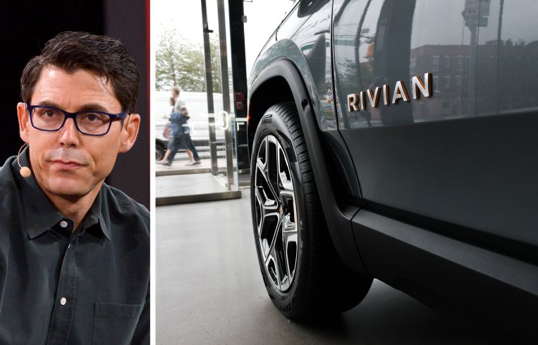 Rivian CEO RJ Scaringe and a close-up of a Rivian vehicle in a showroom.