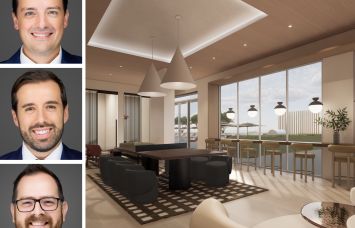 Empira Group's Rafael Aregger, Branko Kuzmanovic and Michael Marrero, and a rendering of the co-working area at The Perrin.