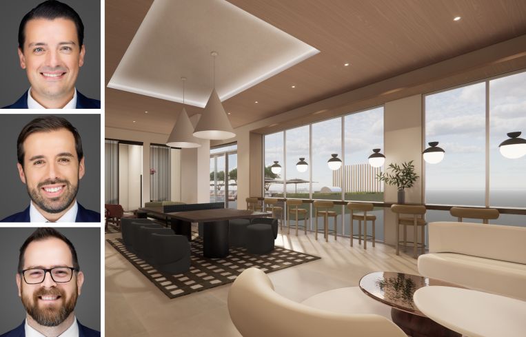 Empira Group's Rafael Aregger, Branko Kuzmanovic and Michael Marrero, and a rendering of the co-working area at The Perrin.