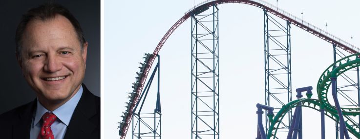 Six Flags CEO Richard Zimmerman and the Super Man: Ride of Steel roller coaster at Six Flags America, Bowie, Md.